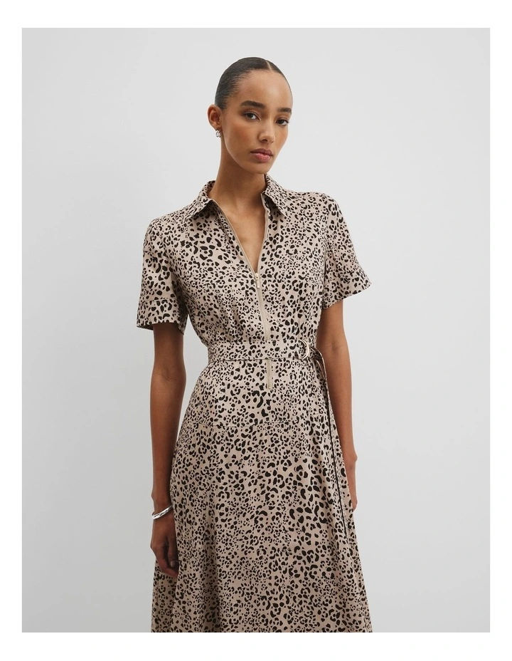 Linen Blend Print Drop Waist Shirt Dress in Mottled Animal image 3
