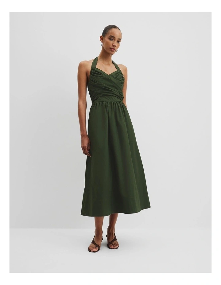 Organically Grown Cotton Halter Detail Midi Dress in Dark Fern image 1