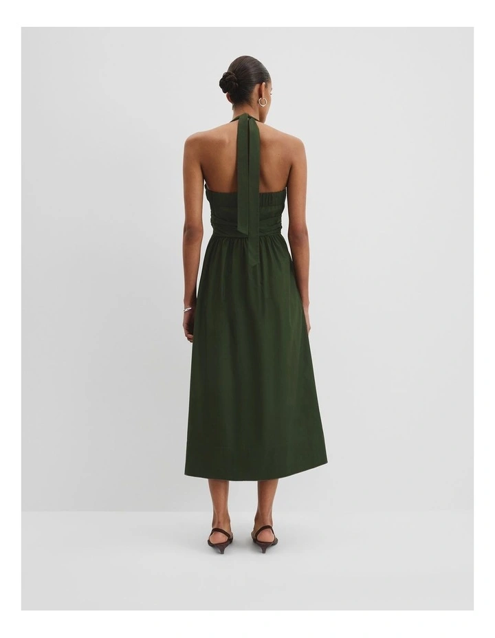 Organically Grown Cotton Halter Detail Midi Dress in Dark Fern image 4