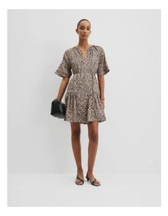Print Tiered Mini Dress in Mottled Animal
