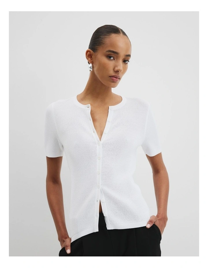 Waffle Short Sleeve Button Knit in Antique White image 2