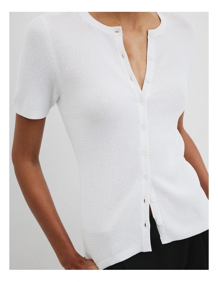 Waffle Short Sleeve Button Knit in Antique White image 3