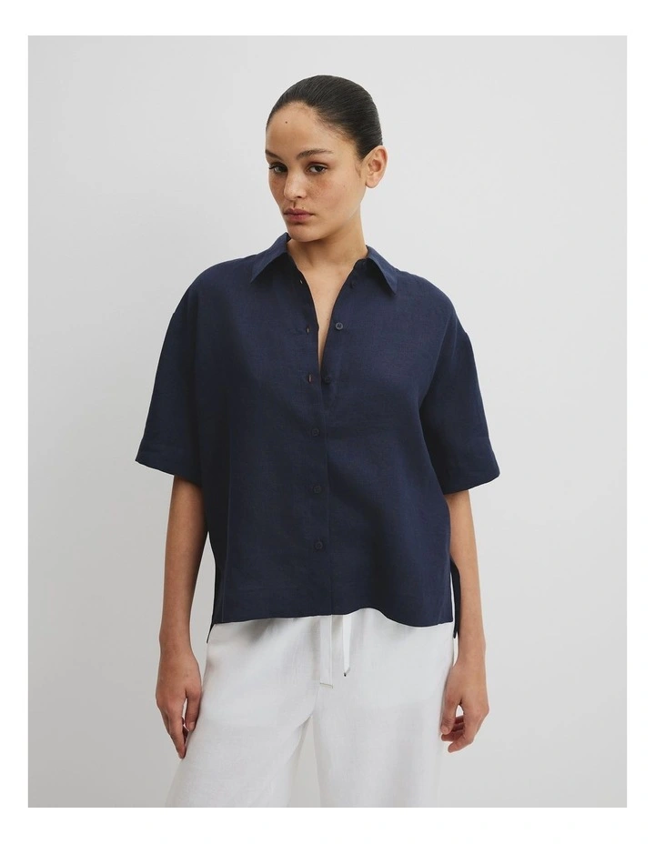 Organically Grown Linen Short Sleeve Shirt in Navy image 1