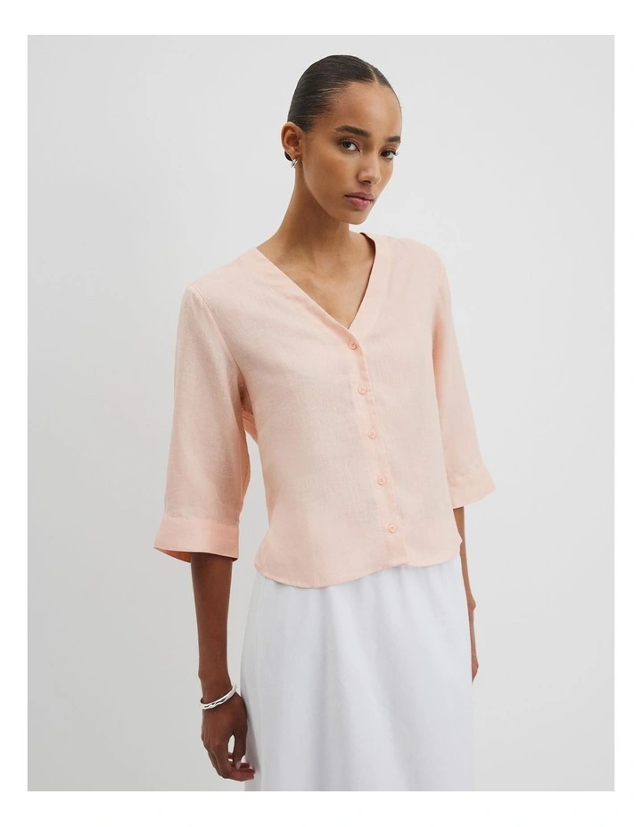 Organically Grown 3/4 Sleeve Linen Shirt in Guava Tint image 1
