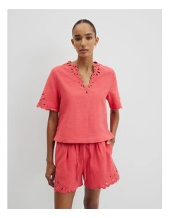 Cutwork Short Sleeve Popover in Cayenne