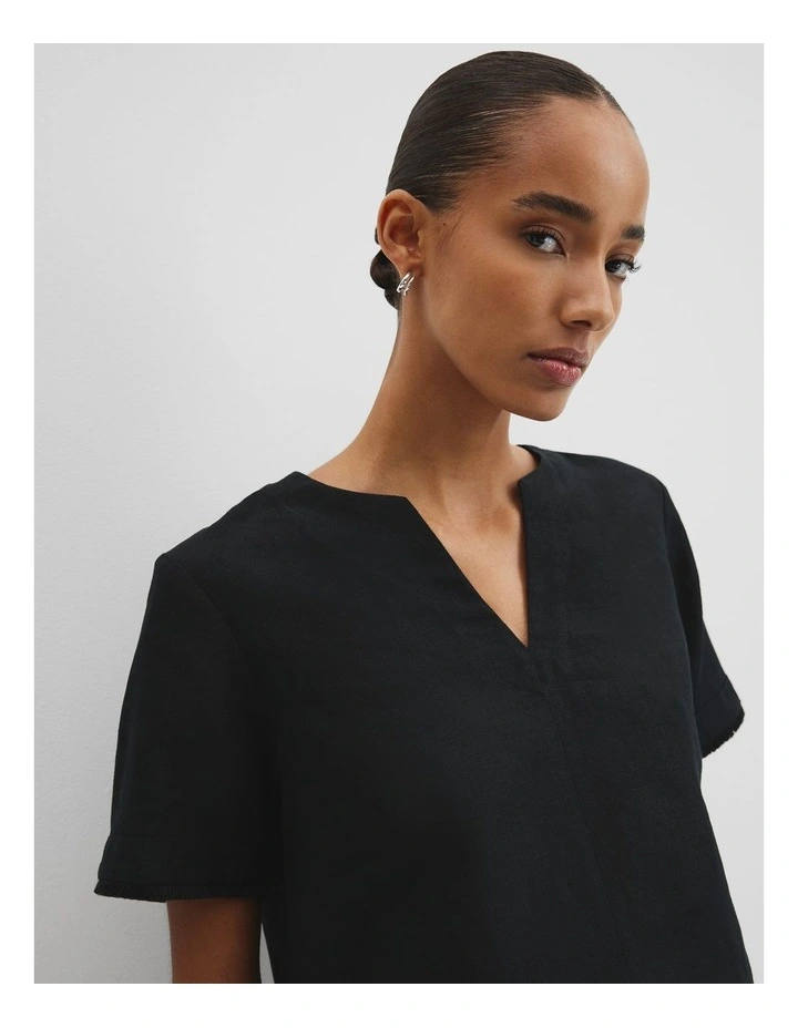 Organically Grown Linen Frayed Popover Top in Black image 2