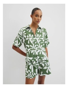 Organically Grown Linen Print Short Sleeve Shirt in Fern Palm Geo