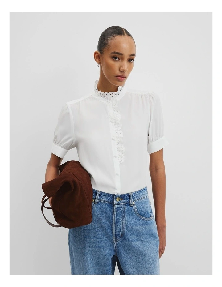 Ruffle Trim Shirt in White image 4