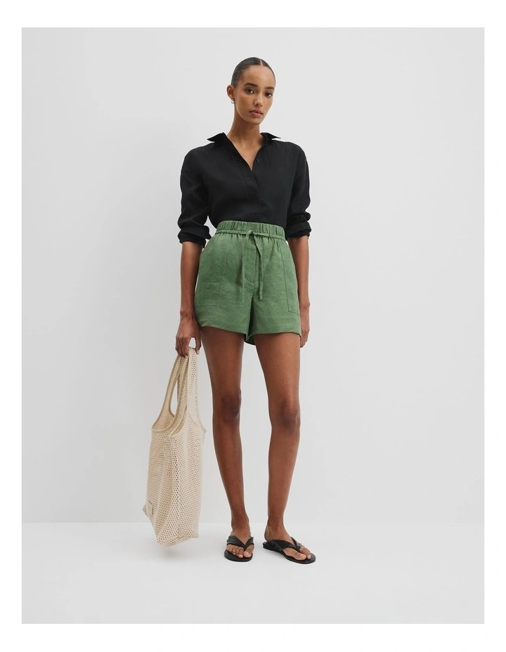 Organically Grown Linen Tie Detail Shorts in Fern image 1
