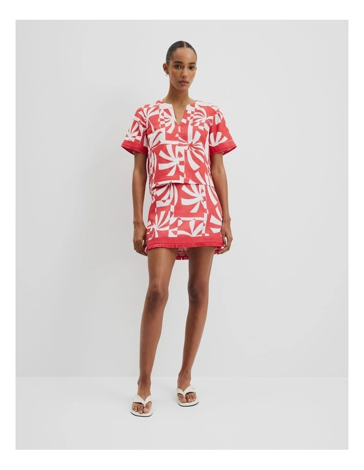 Organically Grown Linen Print Fray Mini Skirt in Red image 1