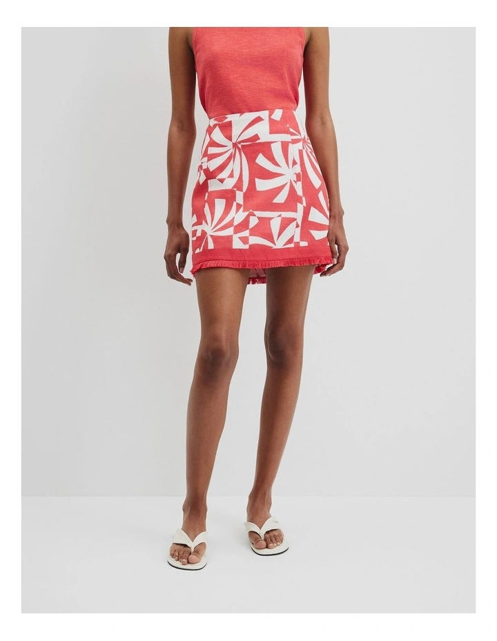 Organically Grown Linen Print Fray Mini Skirt in Red image 2