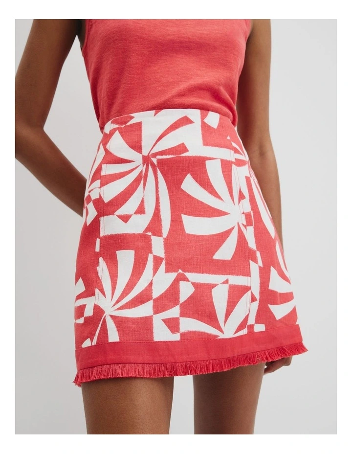 Organically Grown Linen Print Fray Mini Skirt in Red image 3