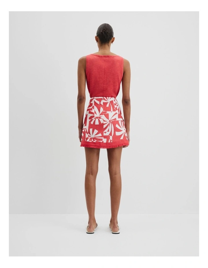 Organically Grown Linen Print Fray Mini Skirt in Red image 4