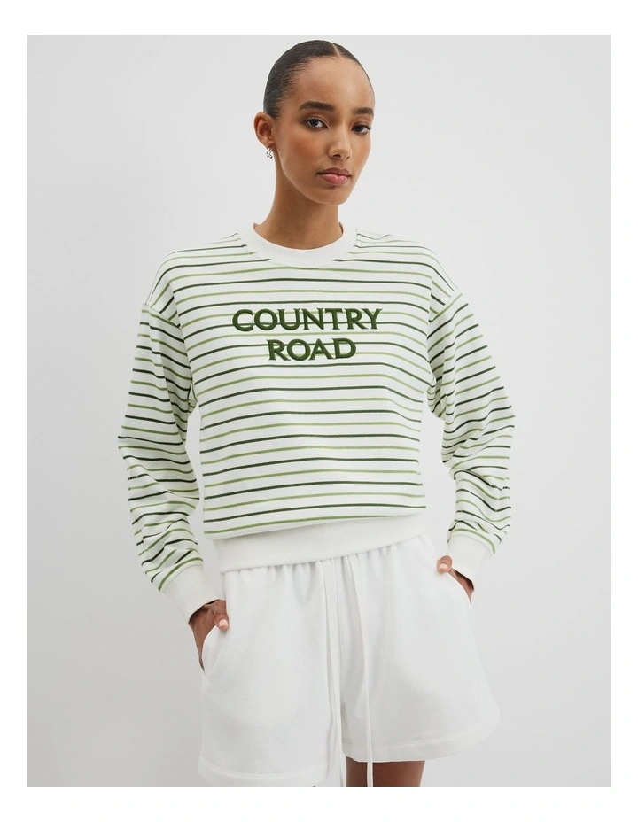 Australian Cotton Stripe Cr Sweat in Green Multi Stripe image 1