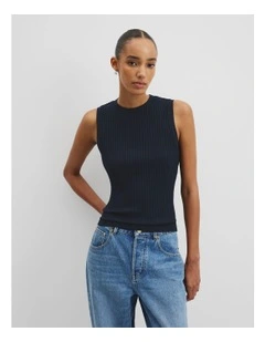 High Neck Rib Tank in Navy