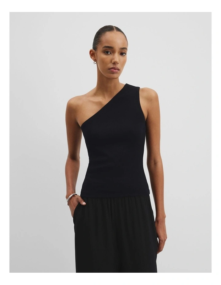 One Shoulder Tank in Black image 3