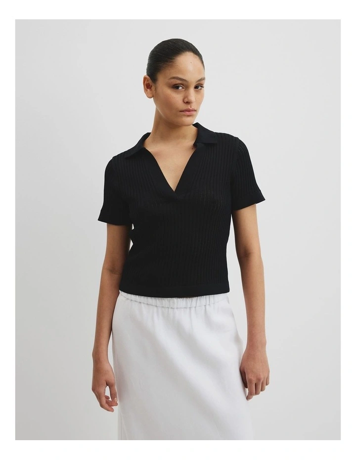 Organically Grown Cotton Sheer Rib Knit Polo in Black image 1