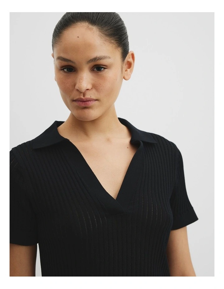 Organically Grown Cotton Sheer Rib Knit Polo in Black image 2