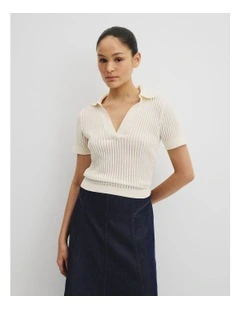 Organically Grown Cotton Sheer Rib Knit Polo in White