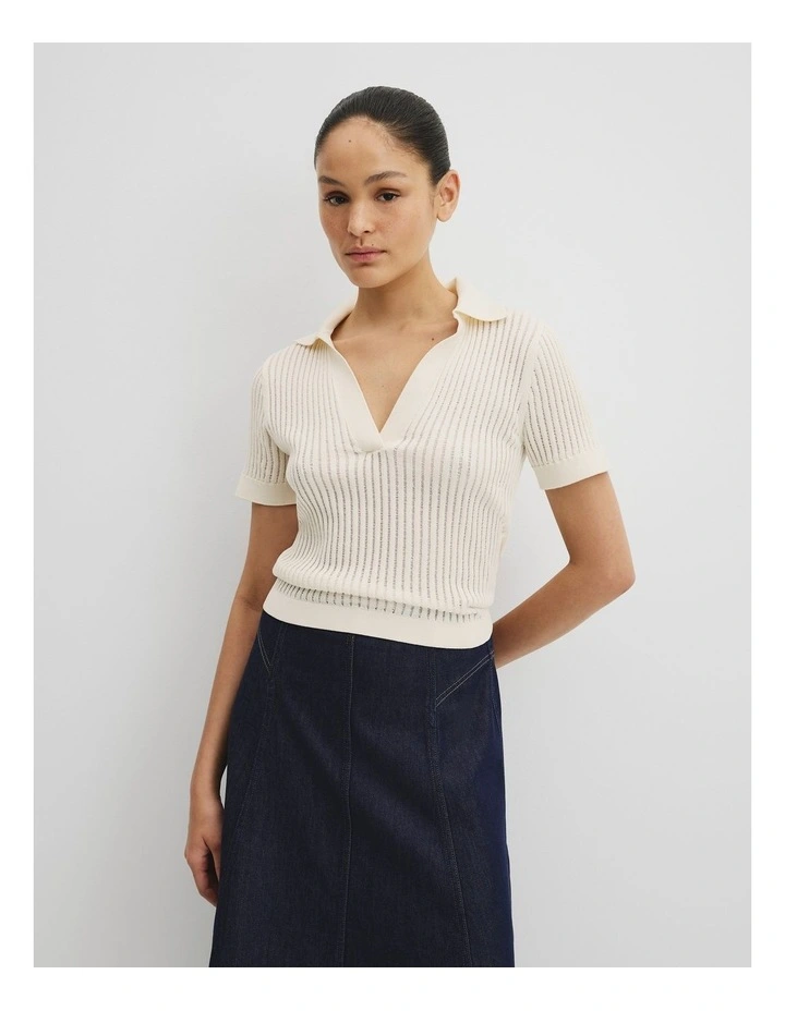 Organically Grown Cotton Sheer Rib Knit Polo in White image 1