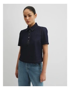 Half Placket Denim Top in Dark Indigo