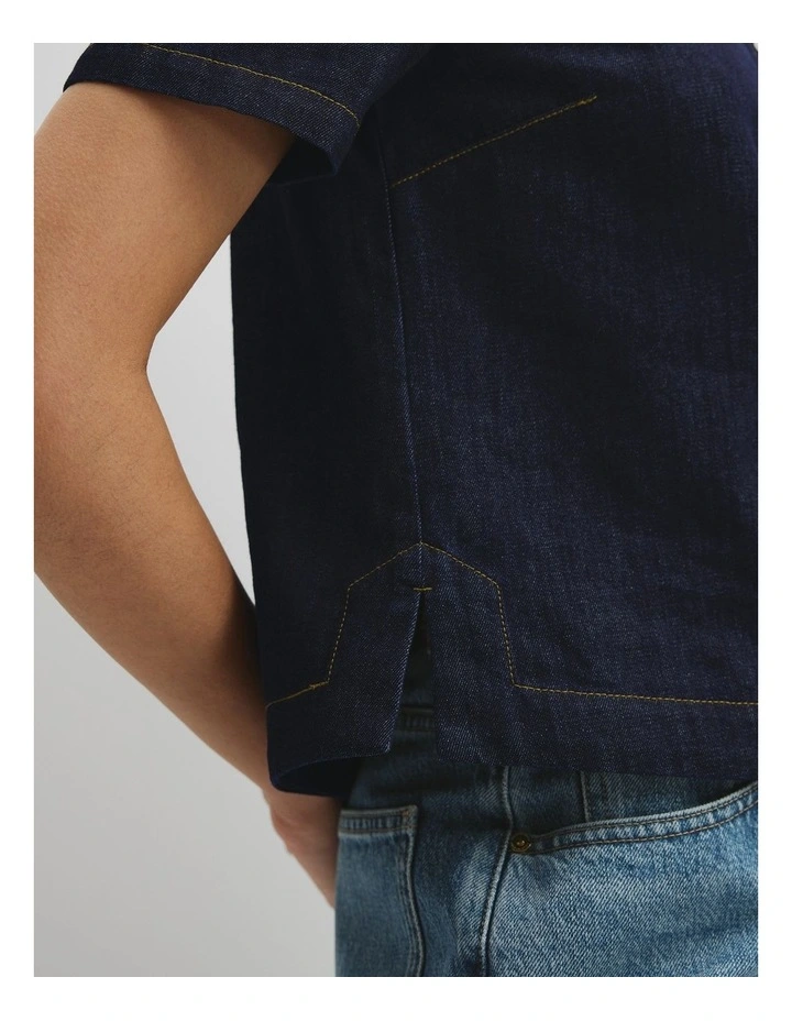 Half Placket Denim Top in Dark Indigo image 5