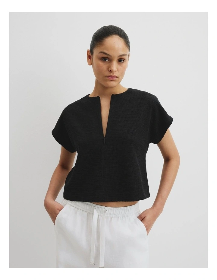 Texture Zip Neck T-shirt in Black image 1