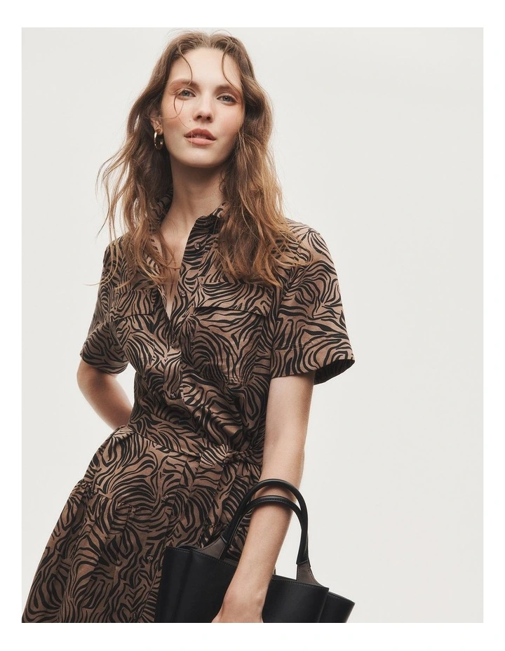 Print Flared Shirt Dress in Micro Zebra image 2
