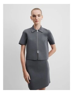 Short Sleeve Compact Zip Knit in Grey Marle