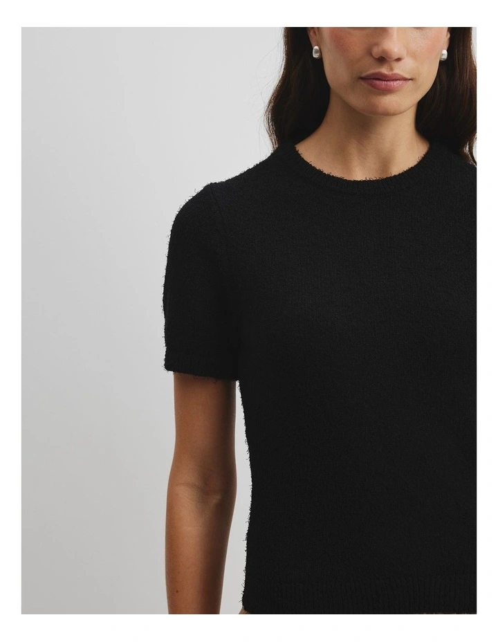 Australian Cotton Blend Boucle Knit T-shirt in Black image 2