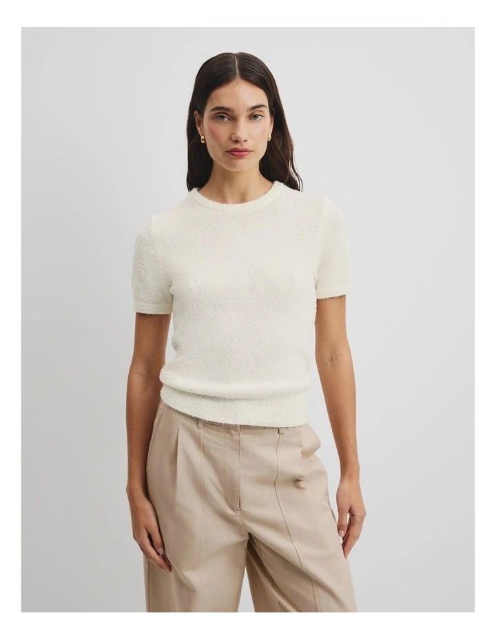 Australian Cotton Blend Boucle Knit T-shirt in Antique White image 1