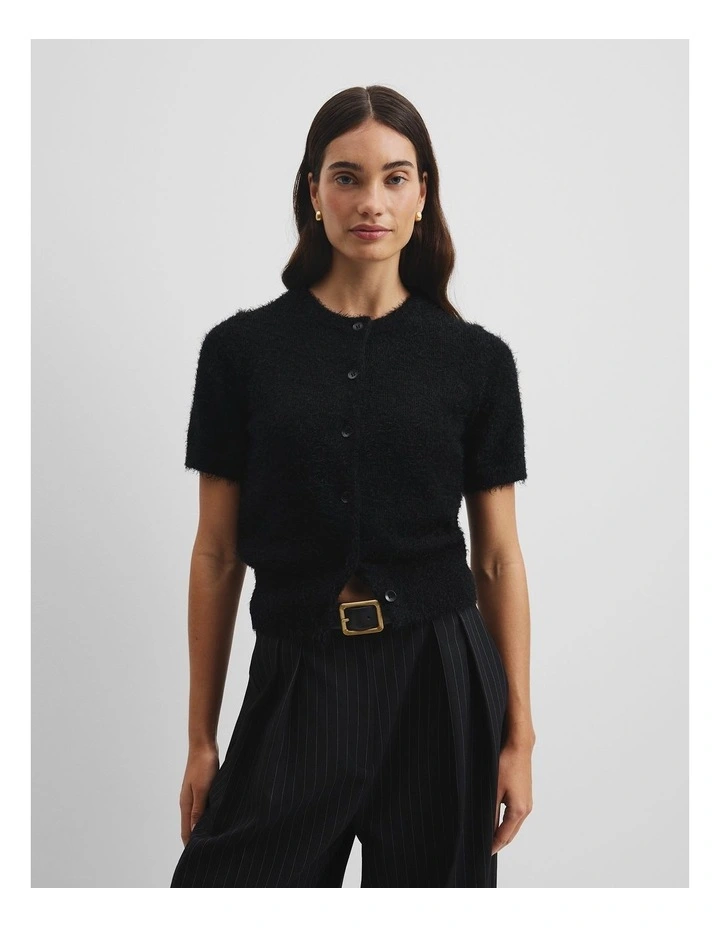 Button Fluffy Knit T-shirt in Black image 1