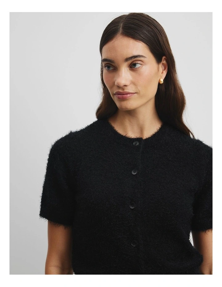 Button Fluffy Knit T-shirt in Black image 2