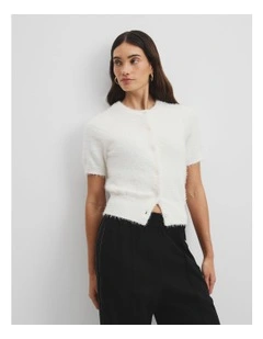 Button Fluffy Knit T-shirt in Antique White