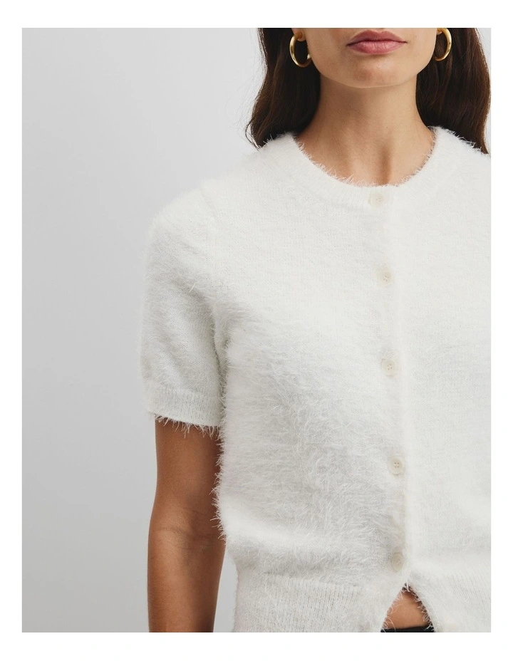 Button Fluffy Knit T-shirt in Antique White image 2