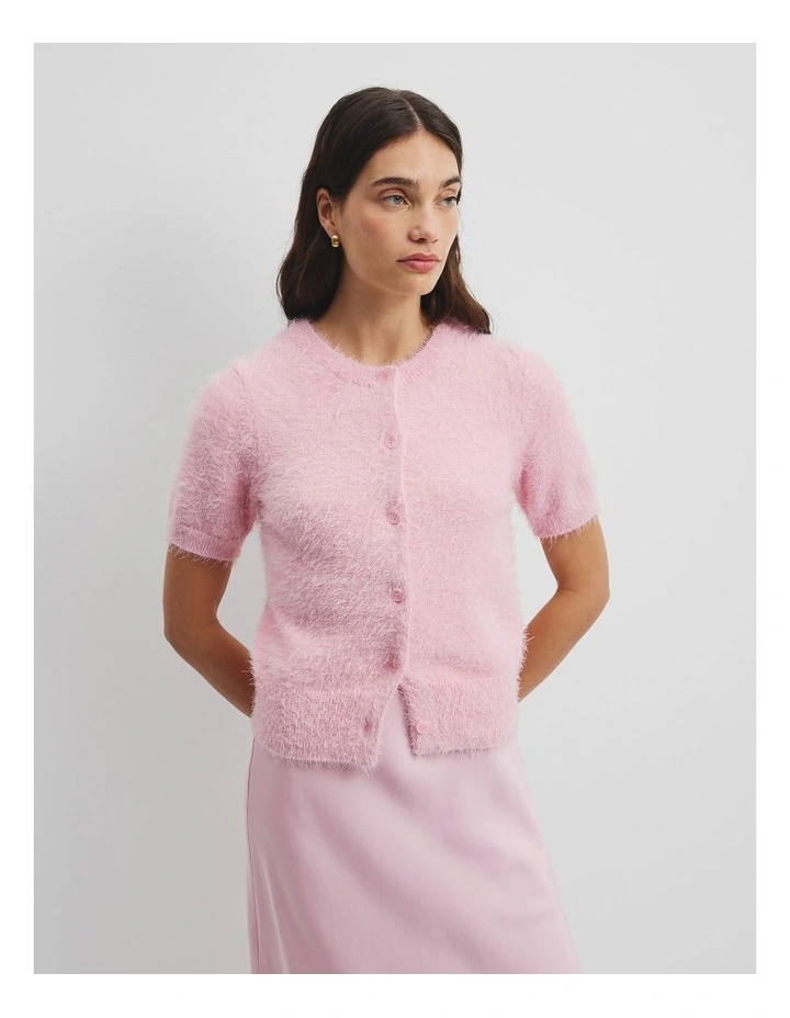 Button Fluffy Knit T-shirt in Floss Pink image 1