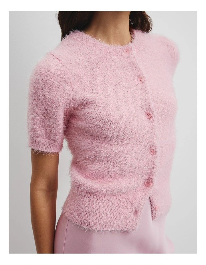 Button Fluffy Knit T-shirt in Floss Pink image 3