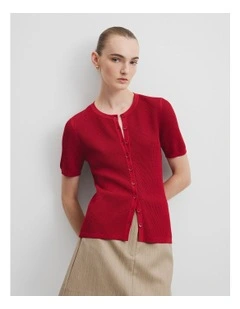 Waffle Short Sleeve Button Knit in Garnet