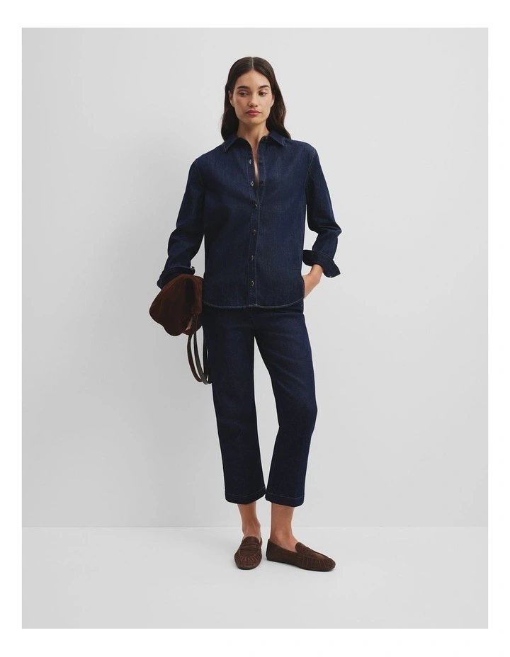 Recycled Cotton Long Sleeve Denim Shirt in Indigo Rinse image 2