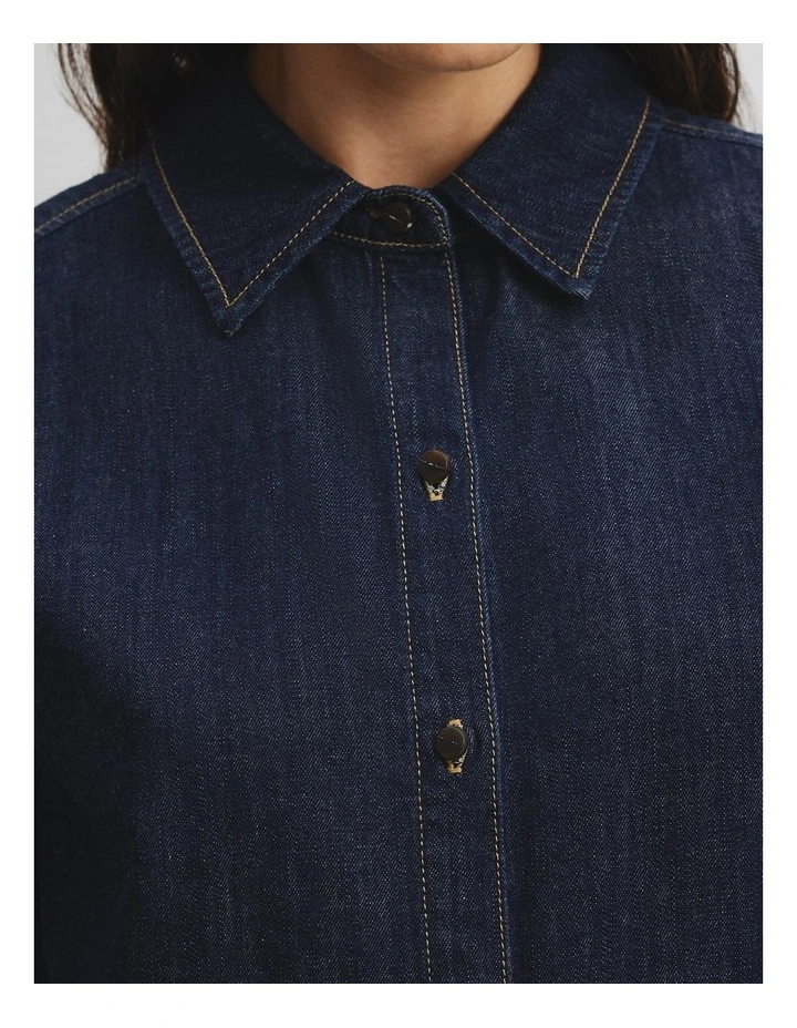 Recycled Cotton Long Sleeve Denim Shirt in Indigo Rinse image 3