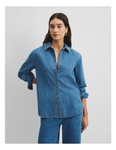 Recycled Cotton Long Sleeve Denim Shirt in Mid Blue Wash