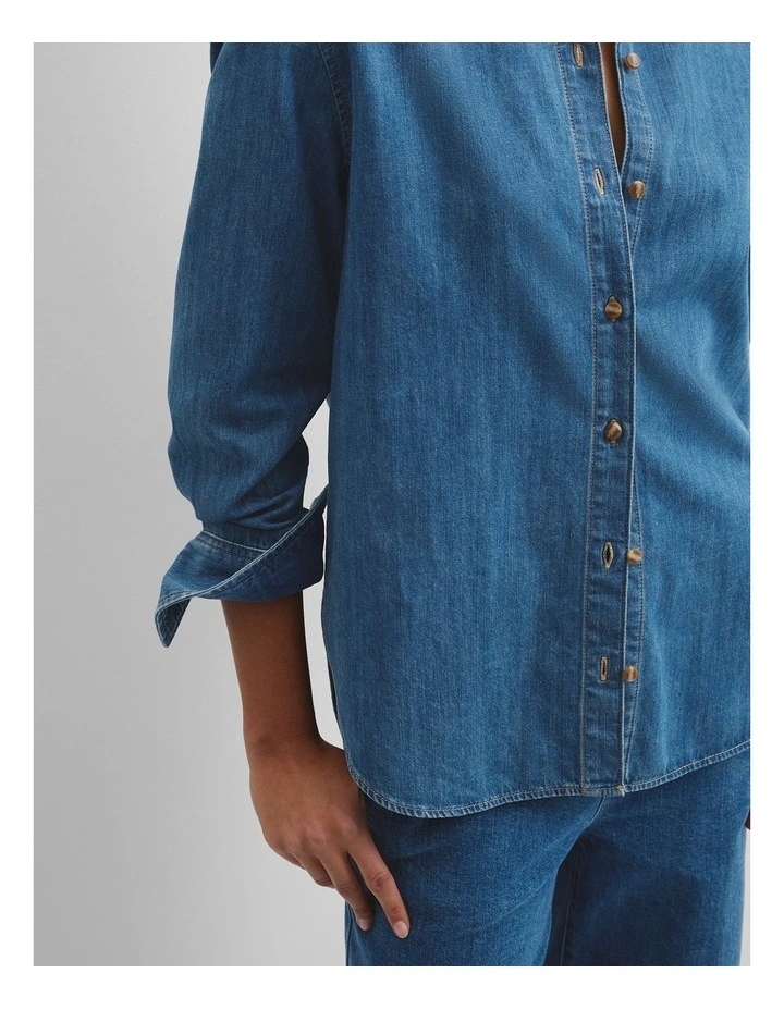 Recycled Cotton Long Sleeve Denim Shirt in Mid Blue Wash image 2