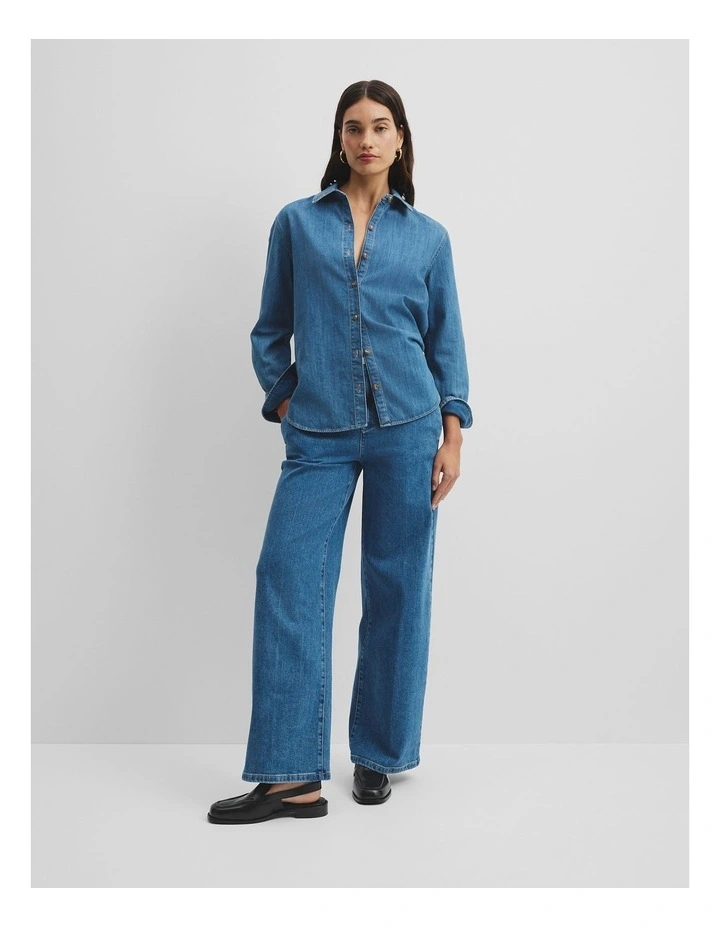 Recycled Cotton Long Sleeve Denim Shirt in Mid Blue Wash image 3