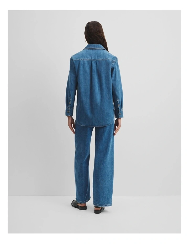 Recycled Cotton Long Sleeve Denim Shirt in Mid Blue Wash image 4
