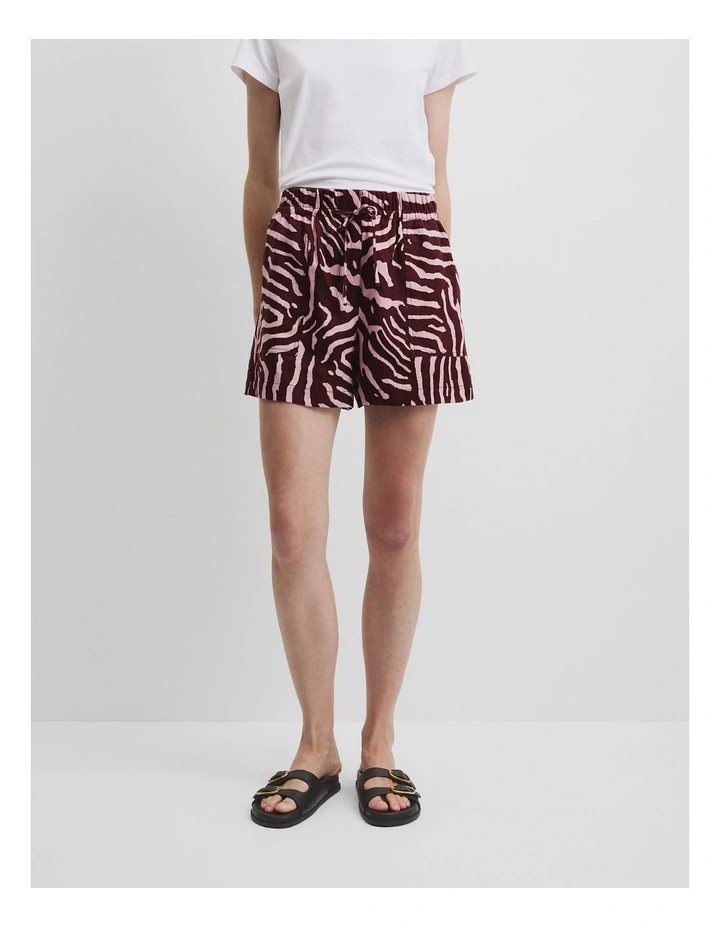 Organically Grown Print Tie Detail Linen Short in Plum Zebra image 2