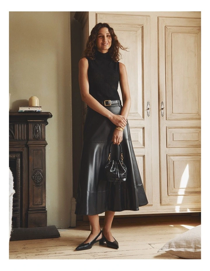 Pu Midi Skirt in Black image 2