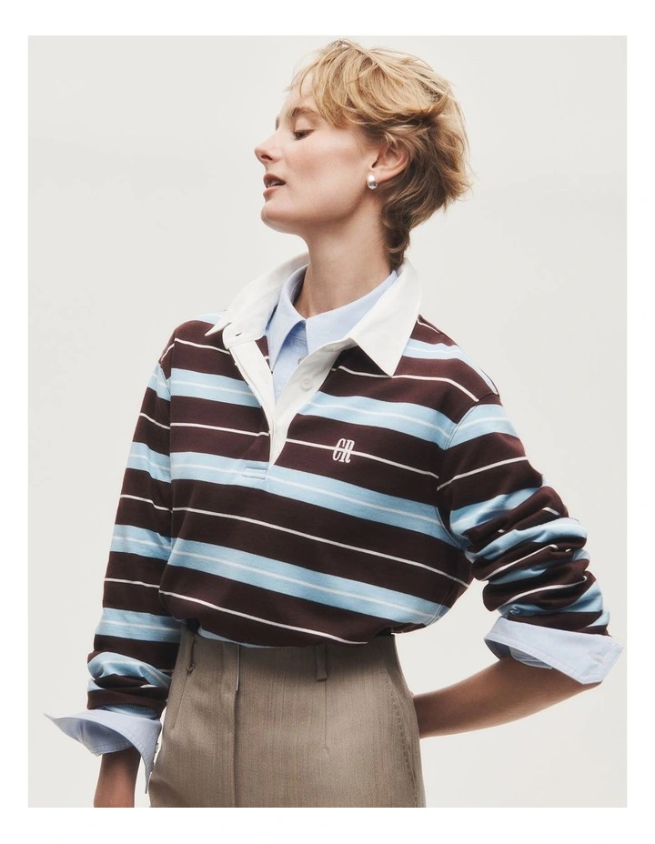 Australian Cotton Stripe Rugby Polo Sweat in Plum Multi Stripe image 2