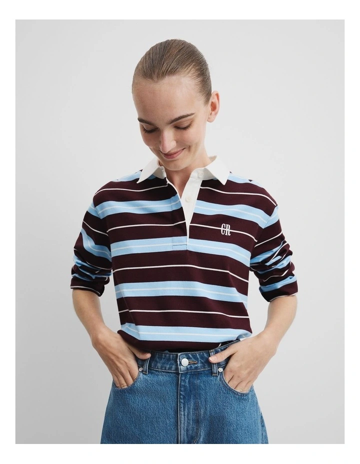 Australian Cotton Stripe Rugby Polo Sweat in Plum Multi Stripe image 3