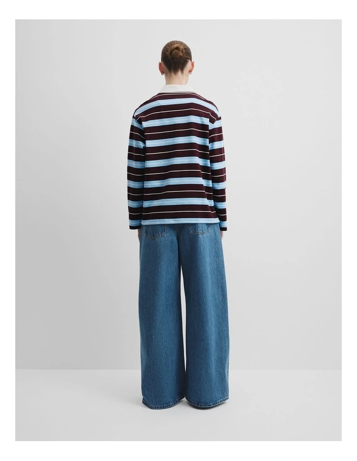 Australian Cotton Stripe Rugby Polo Sweat in Plum Multi Stripe image 5