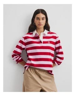 Australian Cotton Stripe Rugby Polo Sweat in Floss And Red Stripe